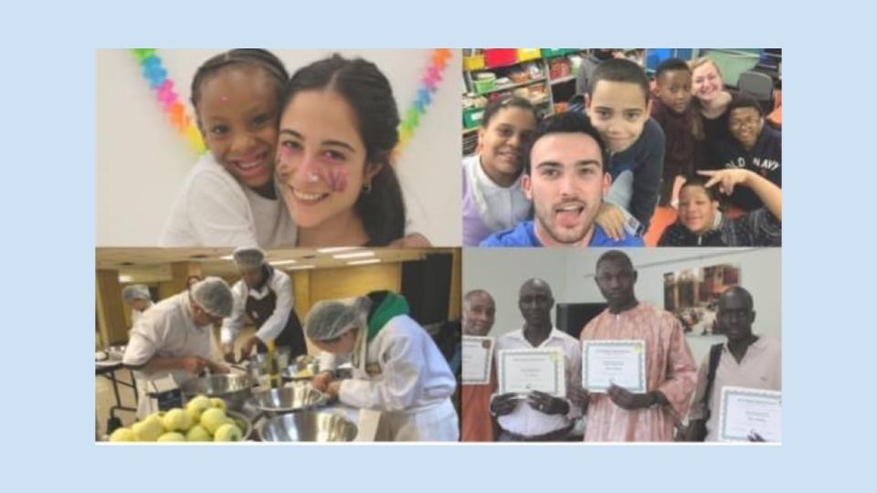 Collage 2: a child smiling with a volunteer image 1, a volunteer smiling with kids in a classroom image 2, volunteers working in kitchen preparing food image 3, and adults smiling holding up certificates image 4