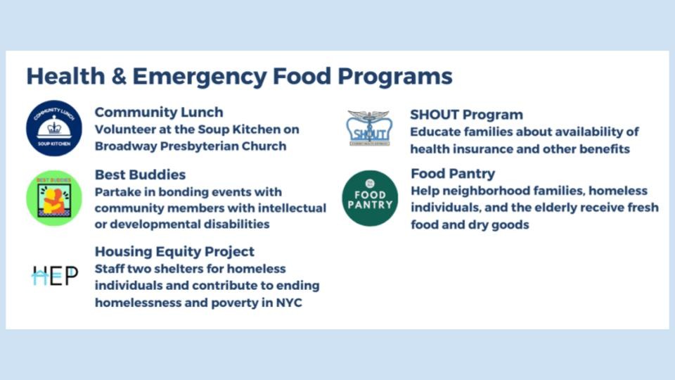 Health & Emergency Food Programs image with logos and descriptions:
Community Lunch
Best Buddies
Housing Equity Project
SHOUT Program
Food Pantry