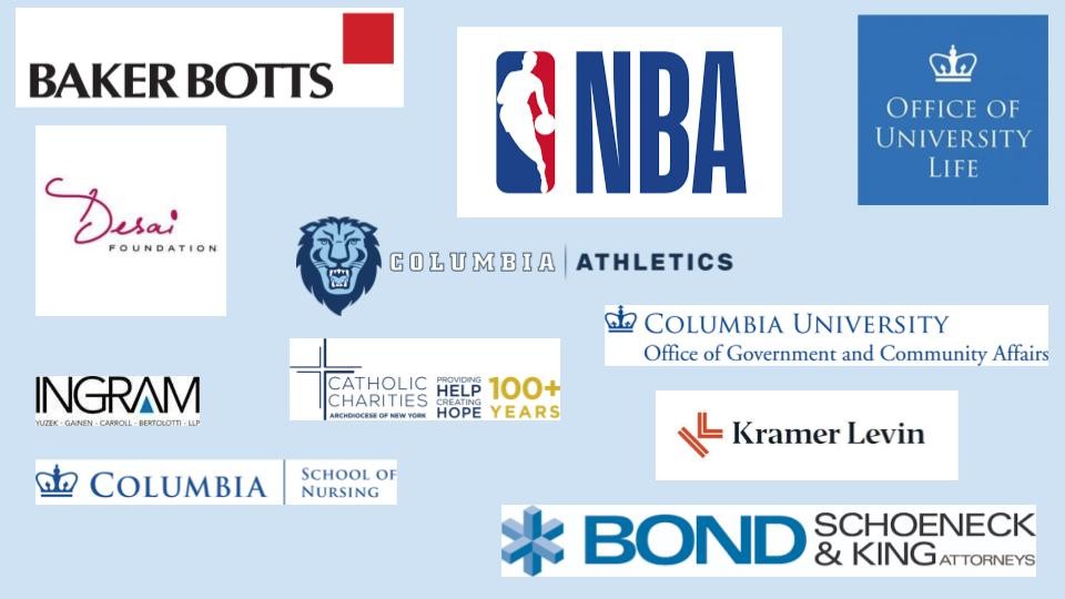 Community Impact's partners logos collage 2: Baker Botts, Desai Foundation, NBA, Columbia's Office of University Life, Kramer Levin, Columbia University's Office of Government and Community Affairs, Columbia University School of Nursing, Catholic Charities, Ingram, Columbia Athletics