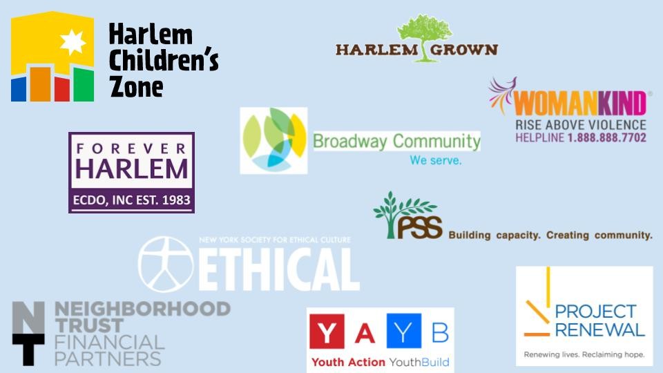 Community Impact's supporters logos collage: Harlem Children's Zone, Forever Harlem, Harlem Grown, Broadway Community, Womankind, Youth Action Youth Build, Project Renewal, Neighborhood Trust, Ethical, Presbyterian Senior Services