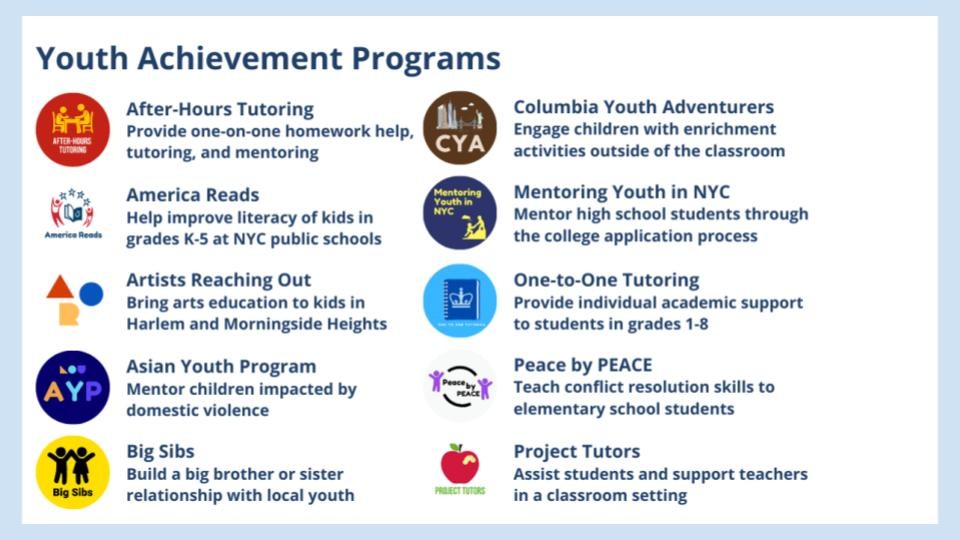 Youth Achievement Programs image with logos and descriptions:After-Hours TutoringAmerica ReadsArtists Reaching OutAsian Youth ProgramBig SibsColumbia Youth AdventurersMentoring Youth in NYCOne-to-One TutoringPeace by PeaceProject Tutors