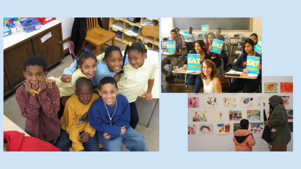 Collage 1: happy kids in the classroom image 1, young adults holding up SAT workbooks in a classroom image 2, and kid admiring artwork with an adult image 3